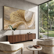 "Gilded Shell Sweep Relief" - Modern Heavy Impasto Abstract Artwork | Gold & White Palette Knife Painting | Luxury Horizontal Wall Art #Q 101