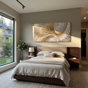 "Gilded Shell Sweep Relief" - Modern Heavy Impasto Abstract Artwork | Gold & White Palette Knife Painting | Luxury Horizontal Wall Art #Q 101