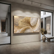"Gilded Shell Sweep Relief" - Modern Heavy Impasto Abstract Artwork | Gold & White Palette Knife Painting | Luxury Horizontal Wall Art #Q 101