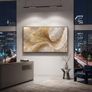 "Gilded Shell Sweep Relief" - Modern Heavy Impasto Abstract Artwork | Gold & White Palette Knife Painting | Luxury Horizontal Wall Art #Q 101