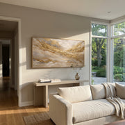 "Misty Gold Valley Relief" - Modern Heavy Impasto Landscape Artwork | Beige & Gold Palette Knife Painting | Luxury Horizontal Wall Art #Q 102