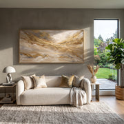 "Misty Gold Valley Relief" - Modern Heavy Impasto Landscape Artwork | Beige & Gold Palette Knife Painting | Luxury Horizontal Wall Art #Q 102