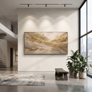 "Misty Gold Valley Relief" - Modern Heavy Impasto Landscape Artwork | Beige & Gold Palette Knife Painting | Luxury Horizontal Wall Art #Q 102