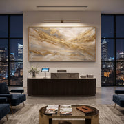 "Misty Gold Valley Relief" - Modern Heavy Impasto Landscape Artwork | Beige & Gold Palette Knife Painting | Luxury Horizontal Wall Art #Q 102
