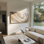 "Silver Gold Spiral Relief" - Modern Heavy Impasto Abstract Artwork | Grey & Gold Palette Knife Painting | Luxury Horizontal Wall Art #Q 103