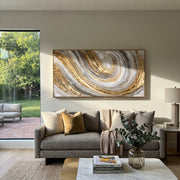 "Silver Gold Spiral Relief" - Modern Heavy Impasto Abstract Artwork | Grey & Gold Palette Knife Painting | Luxury Horizontal Wall Art #Q 103