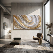 "Silver Gold Spiral Relief" - Modern Heavy Impasto Abstract Artwork | Grey & Gold Palette Knife Painting | Luxury Horizontal Wall Art #Q 103