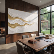 "Calm Double Wave Relief" - Modern Heavy Impasto Ocean Wave Seascape | White & Gold Palette Knife Painting | Luxury Horizontal Wall Art #Q 104