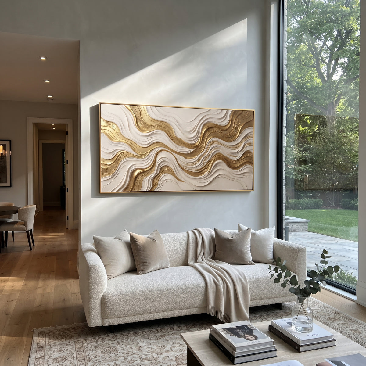 "Undulating Gold Strata Relief" - Modern Heavy Impasto Topographic Abstract | White & Gold Palette Knife Painting | Luxury Horizontal Wall Art #Q 105