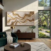 "Undulating Gold Strata Relief" - Modern Heavy Impasto Topographic Abstract | White & Gold Palette Knife Painting | Luxury Horizontal Wall Art #Q 105