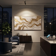 "Undulating Gold Strata Relief" - Modern Heavy Impasto Topographic Abstract | White & Gold Palette Knife Painting | Luxury Horizontal Wall Art #Q 105