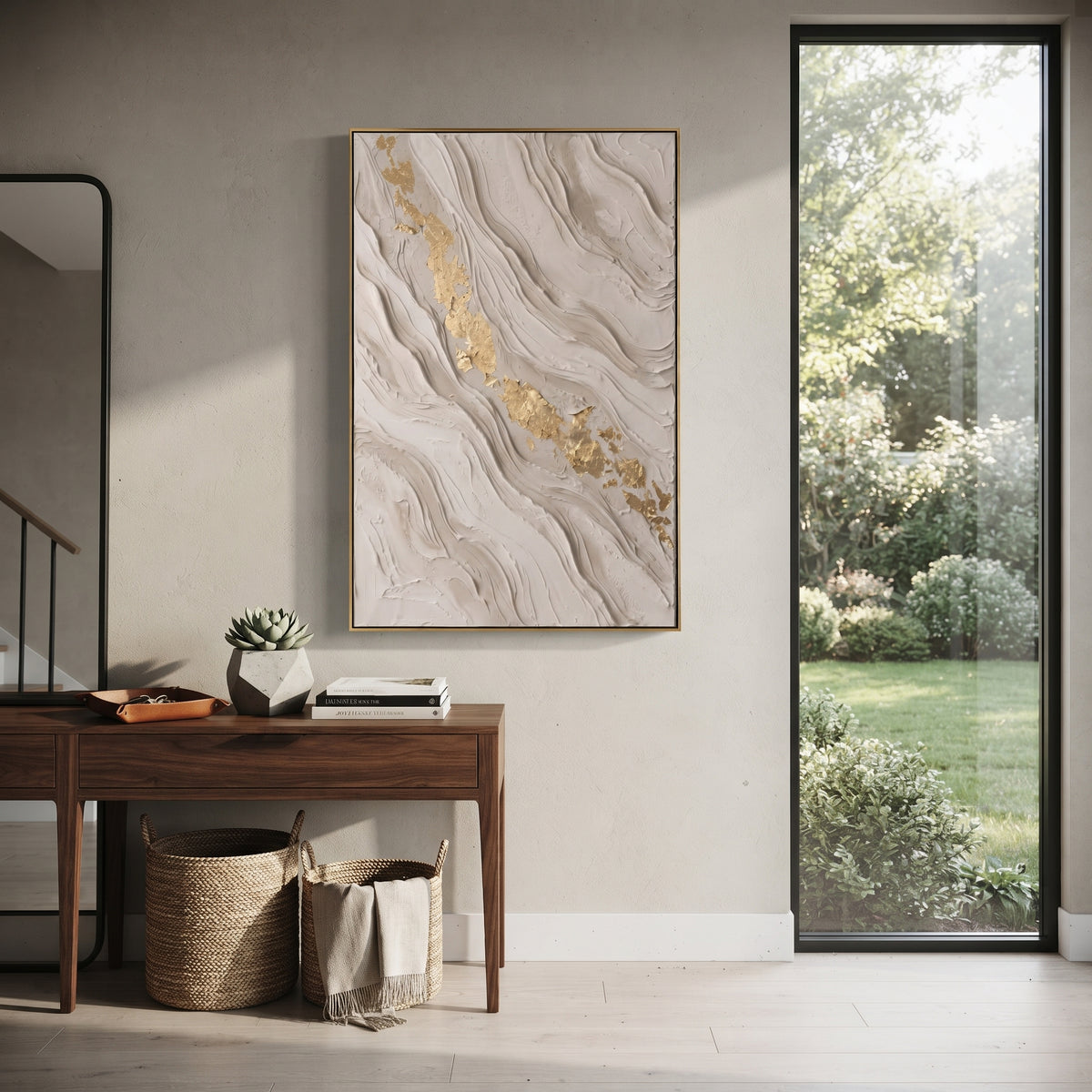 "Pale Stone Gold Drift Relief" - Modern Heavy Impasto Abstract Artwork | White & Beige Palette Knife Painting | Luxury Vertical Wall Art #Q 106
