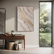 "Pale Stone Gold Drift Relief" - Modern Heavy Impasto Abstract Artwork | White & Beige Palette Knife Painting | Luxury Vertical Wall Art #Q 106