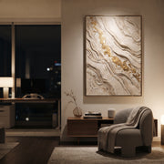 "Pale Stone Gold Drift Relief" - Modern Heavy Impasto Abstract Artwork | White & Beige Palette Knife Painting | Luxury Vertical Wall Art #Q 106