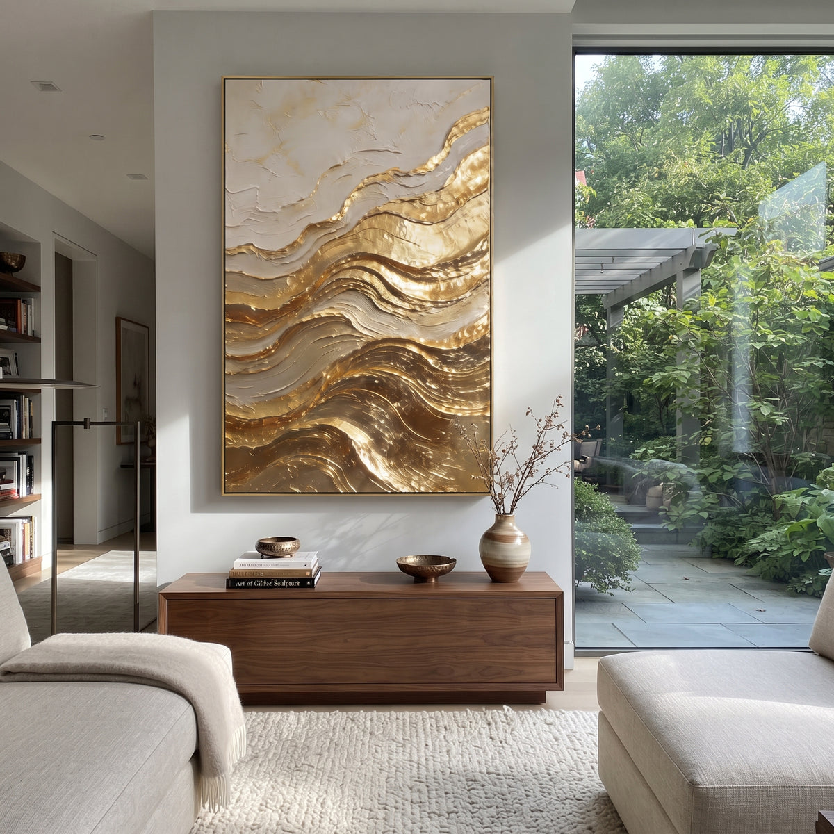 Luminous Gold Terraces Relief focuses on vertical stacked metallic gold terraces over beige and white layers with strong shine, keeping the composition specific to this single abstract textured artwork rather than using a generic batch description. The visible surface is built around gold, beige, white, with pale plaster passages, metallic highlights, softened neutral transitions, and raised edges that guide the eye across the picture plane. The main movement is easy to read from the image