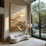 "Luminous Gold Terraces Relief" - Modern Heavy Impasto Abstract Artwork | Gold & Beige Palette Knife Painting | Luxury Vertical Wall Art #Q 107