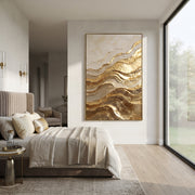 "Luminous Gold Terraces Relief" - Modern Heavy Impasto Abstract Artwork | Gold & Beige Palette Knife Painting | Luxury Vertical Wall Art #Q 107