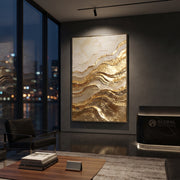 "Luminous Gold Terraces Relief" - Modern Heavy Impasto Abstract Artwork | Gold & Beige Palette Knife Painting | Luxury Vertical Wall Art #Q 107