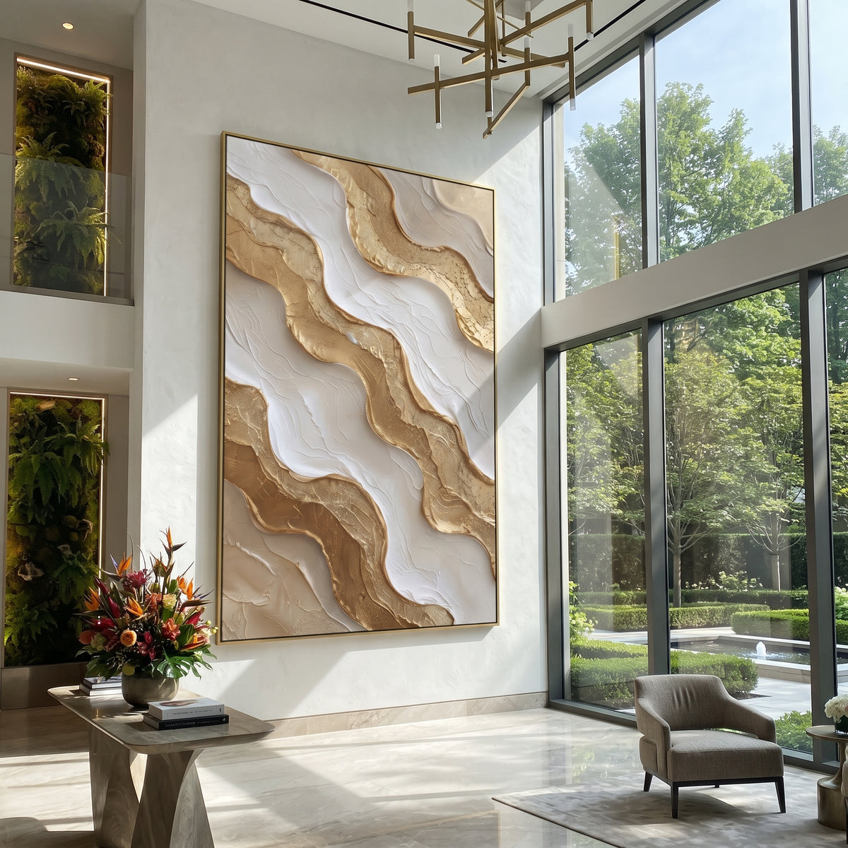 Caramel Layered Path Relief focuses on vertical caramel, white, and beige bands stepping like a carved pathway, keeping the composition specific to this single abstract textured artwork rather than using a generic batch description. The visible surface is built around beige, brown, white, with pale plaster passages, metallic highlights, softened neutral transitions, and raised edges that guide the eye across the picture plane. The main movement is easy to read from the image itself: layered