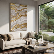 "Gold Contour Map Relief" - Modern Heavy Impasto Topographic Abstract | White & Gold Palette Knife Painting | Luxury Vertical Wall Art #Q 109