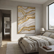 "Gold Contour Map Relief" - Modern Heavy Impasto Topographic Abstract | White & Gold Palette Knife Painting | Luxury Vertical Wall Art #Q 109
