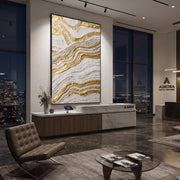 "Gold Contour Map Relief" - Modern Heavy Impasto Topographic Abstract | White & Gold Palette Knife Painting | Luxury Vertical Wall Art #Q 109