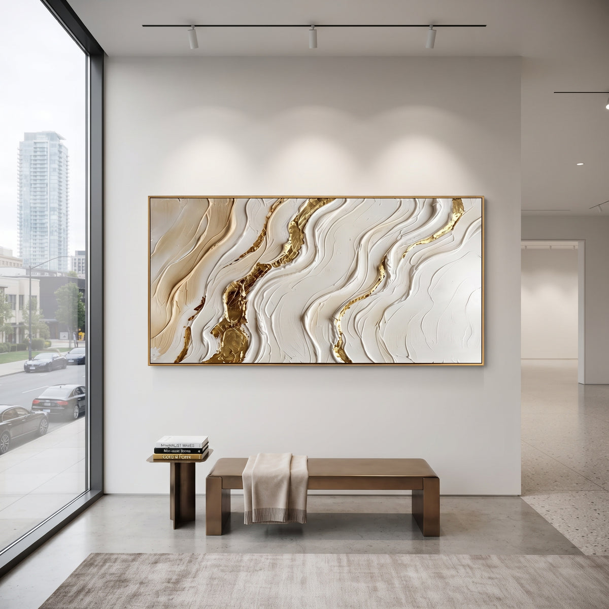 White Vein Gold Crevice Relief focuses on wide white plaster waves cut by a rough dark gold crevice and raised mineral flakes, keeping the composition specific to this single abstract textured artwork rather than using a generic batch description. The visible surface is built around white, gold, brown, with pale plaster passages, metallic highlights, softened neutral transitions, and raised edges that guide the eye across the picture plane. The main movement is easy to read from the image