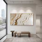 "White Vein Gold Crevice Relief" - Modern Heavy Impasto Abstract Artwork | White & Gold Palette Knife Painting | Luxury Horizontal Wall Art #Q 110