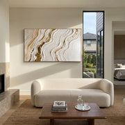 "White Vein Gold Crevice Relief" - Modern Heavy Impasto Abstract Artwork | White & Gold Palette Knife Painting | Luxury Horizontal Wall Art #Q 110