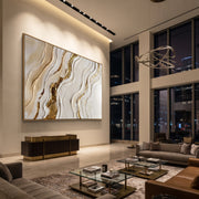 "White Vein Gold Crevice Relief" - Modern Heavy Impasto Abstract Artwork | White & Gold Palette Knife Painting | Luxury Horizontal Wall Art #Q 110