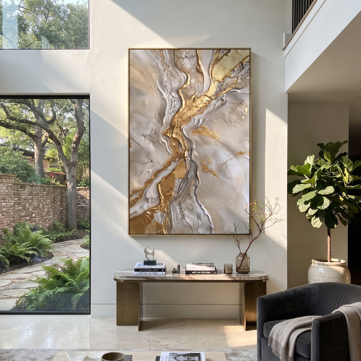 "Cracked Marble Gold River Relief" - Modern Heavy Impasto Landscape Artwork | Grey & Gold Palette Knife Painting | Luxury Vertical Wall Art #Q 111