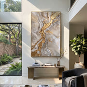 "Cracked Marble Gold River Relief" - Modern Heavy Impasto Landscape Artwork | Grey & Gold Palette Knife Painting | Luxury Vertical Wall Art #Q 111