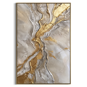 "Cracked Marble Gold River Relief" - Modern Heavy Impasto Landscape Artwork | Grey & Gold Palette Knife Painting | Luxury Vertical Wall Art #Q 111
