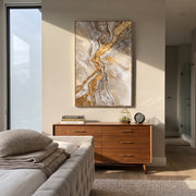 "Cracked Marble Gold River Relief" - Modern Heavy Impasto Landscape Artwork | Grey & Gold Palette Knife Painting | Luxury Vertical Wall Art #Q 111