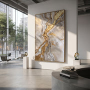 "Cracked Marble Gold River Relief" - Modern Heavy Impasto Landscape Artwork | Grey & Gold Palette Knife Painting | Luxury Vertical Wall Art #Q 111