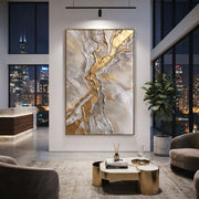 "Cracked Marble Gold River Relief" - Modern Heavy Impasto Landscape Artwork | Grey & Gold Palette Knife Painting | Luxury Vertical Wall Art #Q 111