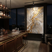 "Cracked Marble Gold River Relief" - Modern Heavy Impasto Landscape Artwork | Grey & Gold Palette Knife Painting | Luxury Vertical Wall Art #Q 111