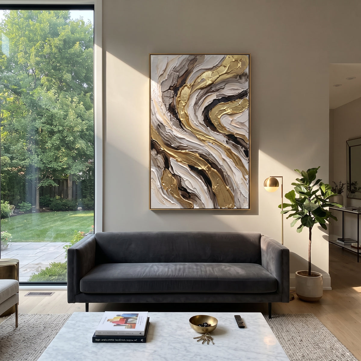 "Storm Gold Marble Curl Relief" - Modern Heavy Impasto Abstract Artwork | Black & Gold Palette Knife Painting | Luxury Vertical Wall Art #Q 112