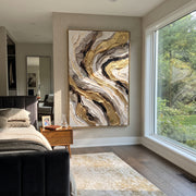"Storm Gold Marble Curl Relief" - Modern Heavy Impasto Abstract Artwork | Black & Gold Palette Knife Painting | Luxury Vertical Wall Art #Q 112