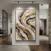 "Storm Gold Marble Curl Relief" - Modern Heavy Impasto Abstract Artwork | Black & Gold Palette Knife Painting | Luxury Vertical Wall Art #Q 112