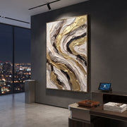 "Storm Gold Marble Curl Relief" - Modern Heavy Impasto Abstract Artwork | Black & Gold Palette Knife Painting | Luxury Vertical Wall Art #Q 112