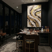 "Storm Gold Marble Curl Relief" - Modern Heavy Impasto Abstract Artwork | Black & Gold Palette Knife Painting | Luxury Vertical Wall Art #Q 112