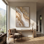 "Taupe Cascade Ridge Relief" - Modern Heavy Impasto Landscape Artwork | Beige & White Palette Knife Painting | Luxury Vertical Wall Art #Q 113