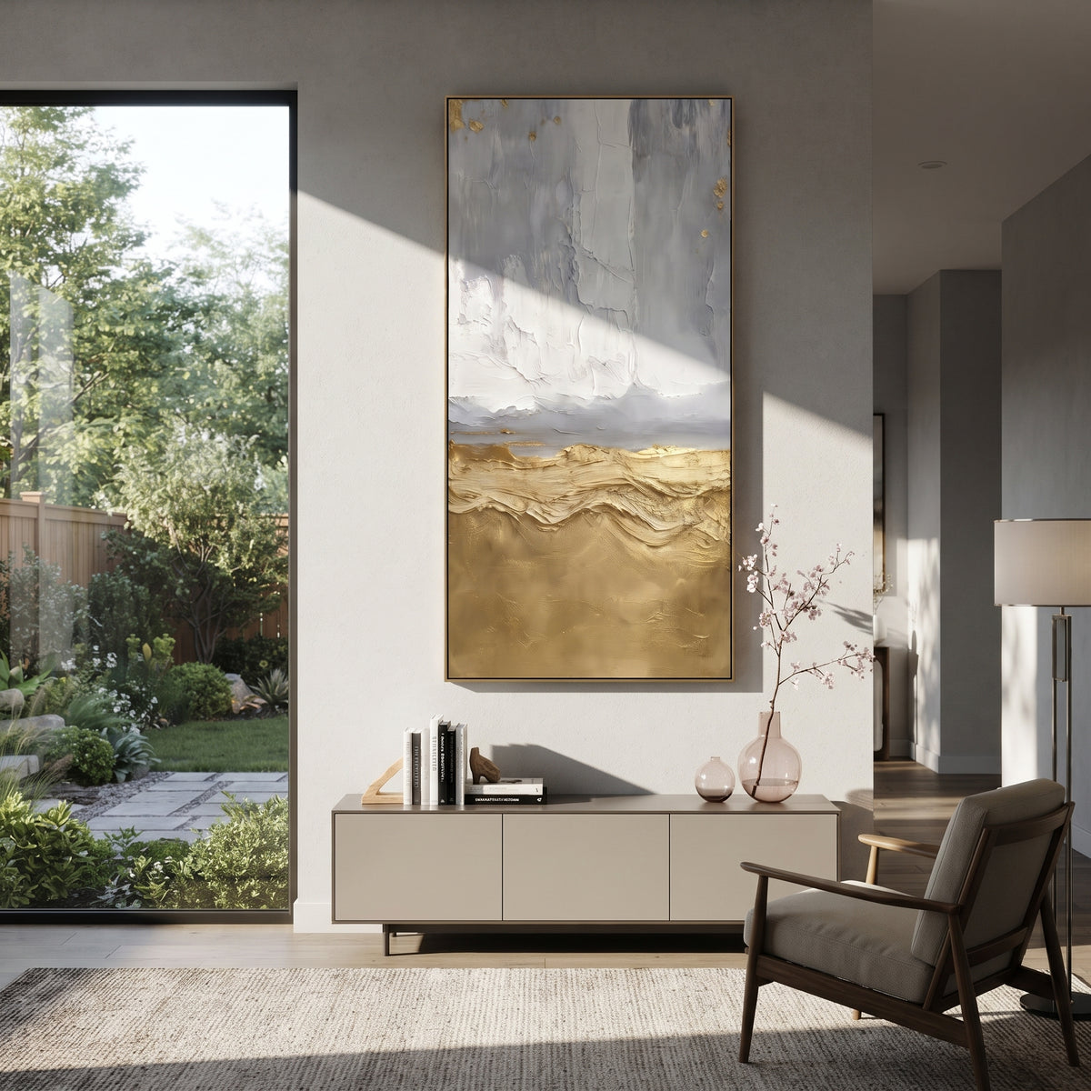 Quiet Gold Plain Relief focuses on tall minimal composition with a pale grey upper field and low gold textured plain, keeping the composition specific to this single abstract textured artwork rather than using a generic batch description. The visible surface is built around grey, gold, white, with pale plaster passages, metallic highlights, softened neutral transitions, and raised edges that guide the eye across the picture plane. The main movement is easy to read from the image itself: layered