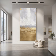 "Quiet Gold Plain Relief" - Modern Heavy Impasto Abstract Artwork | Grey & Gold Palette Knife Painting | Luxury Vertical Wall Art #Q 114