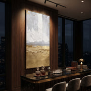"Quiet Gold Plain Relief" - Modern Heavy Impasto Abstract Artwork | Grey & Gold Palette Knife Painting | Luxury Vertical Wall Art #Q 114