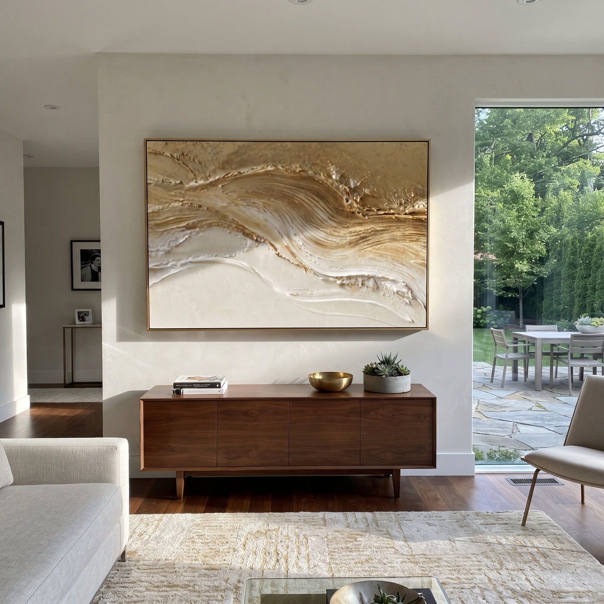 Brushed Gold Horizon Relief focuses on wide brushed gold and white horizon wave with fine parallel knife marks, keeping the composition specific to this single abstract textured artwork rather than using a generic batch description. The visible surface is built around gold, white, beige, with pale plaster passages, metallic highlights, softened neutral transitions, and raised edges that guide the eye across the picture plane. The main movement is easy to read from the image itself: layered