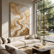 "Marbled S Curve Relief" - Modern Heavy Impasto Abstract Artwork | White & Brown Palette Knife Painting | Luxury Vertical Wall Art #Q 116