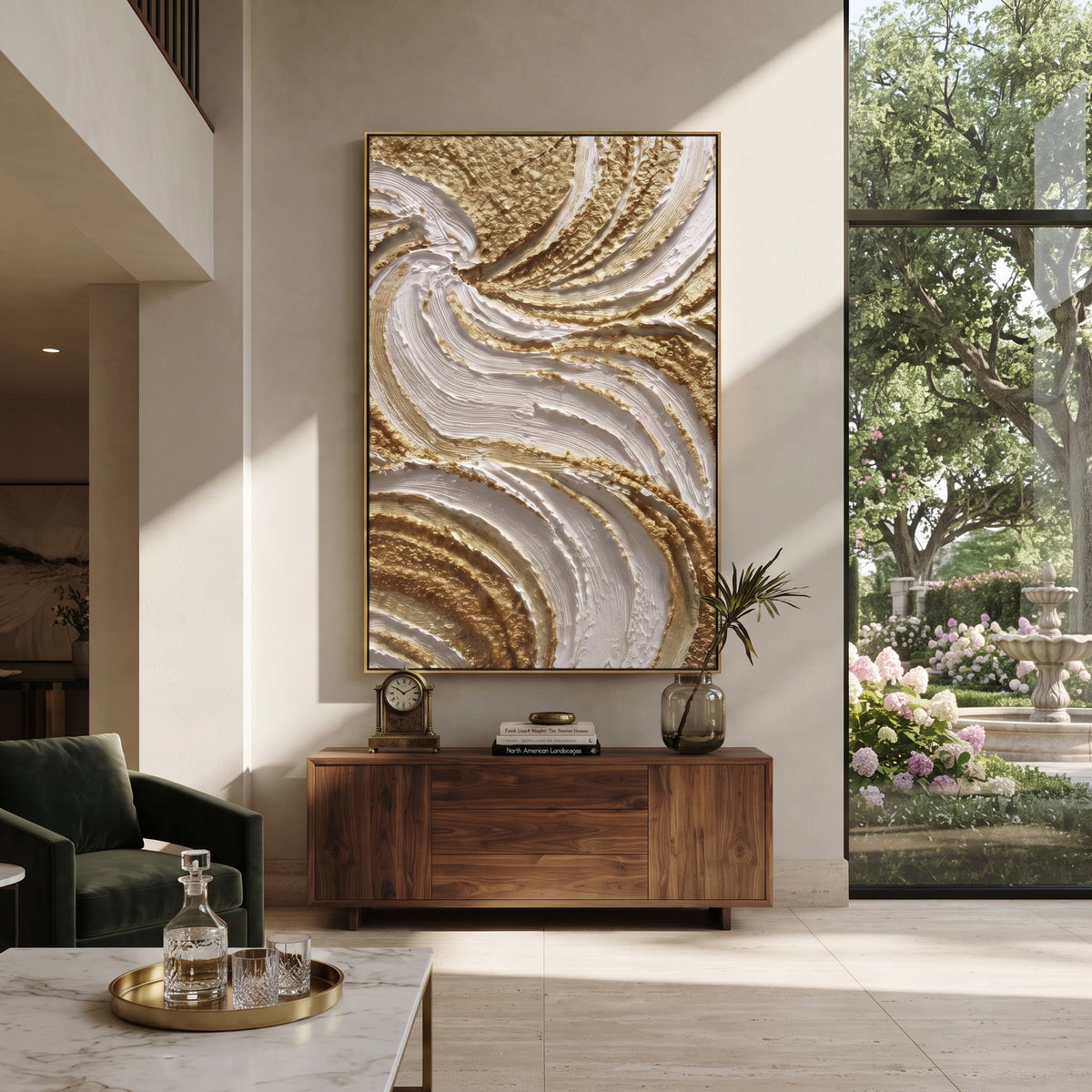 Granular Gold Vortex Relief focuses on vertical granular gold and white vortex with curved raised bands and sparkling texture, keeping the composition specific to this single abstract textured artwork rather than using a generic batch description. The visible surface is built around gold, white, beige, with pale plaster passages, metallic highlights, softened neutral transitions, and raised edges that guide the eye across the picture plane. The main movement is easy to read from the image