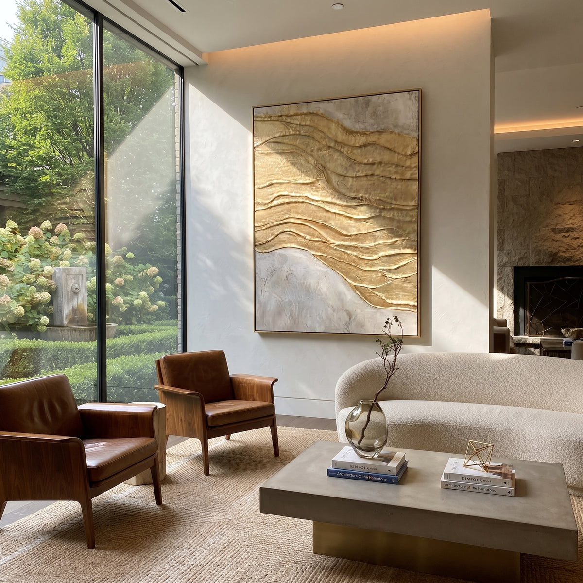 Golden Wind Lines Relief focuses on vertical field of raised gold wind lines over a pale white plaster corner, keeping the composition specific to this single abstract textured artwork rather than using a generic batch description. The visible surface is built around gold, white, beige, with pale plaster passages, metallic highlights, softened neutral transitions, and raised edges that guide the eye across the picture plane. The main movement is easy to read from the image itself: layered